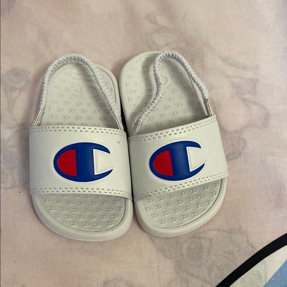Champion Kids Slide Sandals - White with Blue and Red Logo